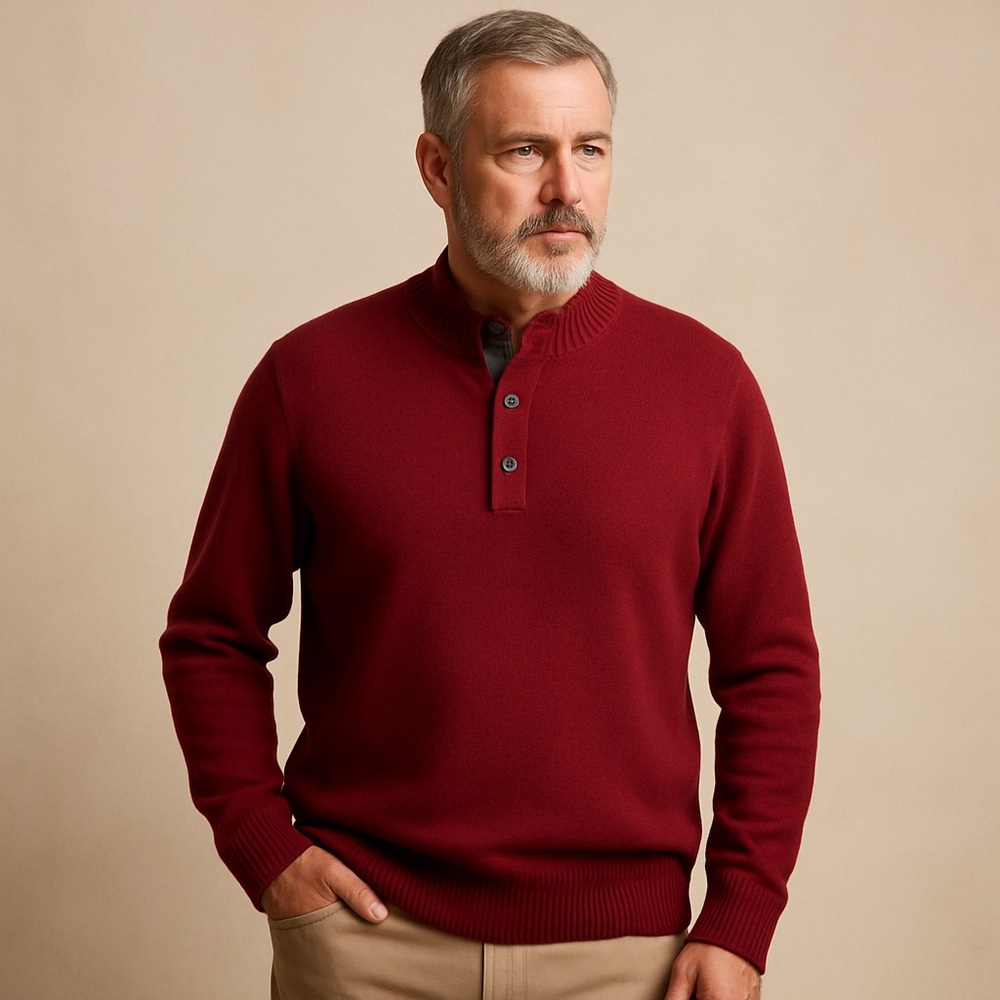 Gran Sasso Men’s 100% Virgin Wool Henley Sweater Classic Burgundy Knit